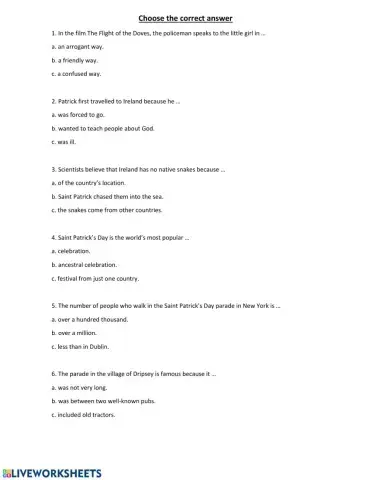 Multiple choice about st patrick's day