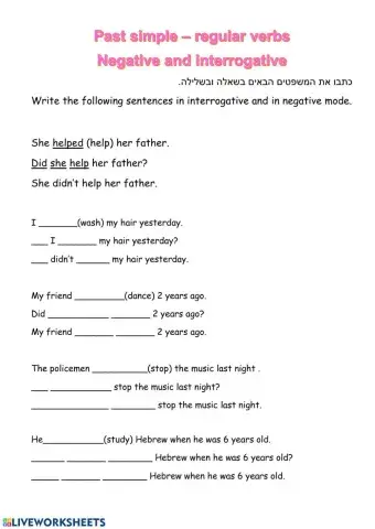 Past simple regular verbs negative and interogative practice