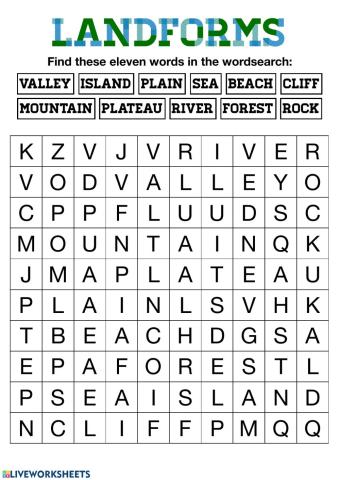 Landforms wordsearch