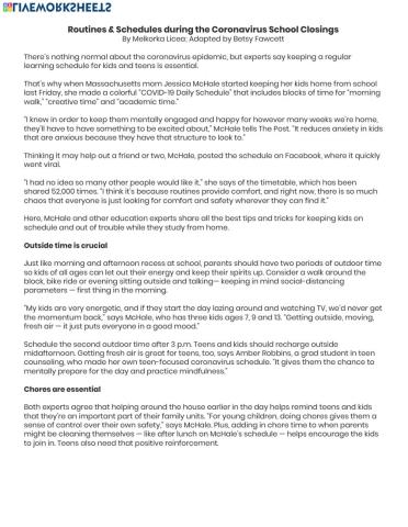 Routines and Schedules during Corona virus School Closing 