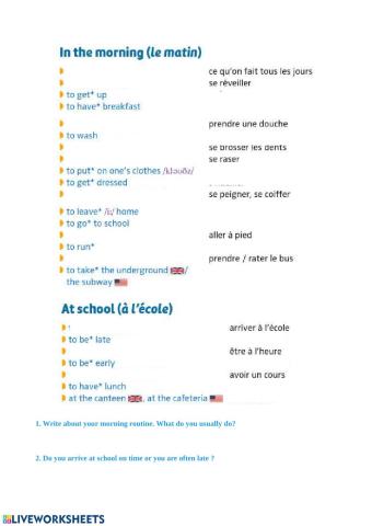 Daily routine vocabulary exercises