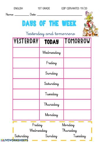 Days of the week-yesterday-tomorrow