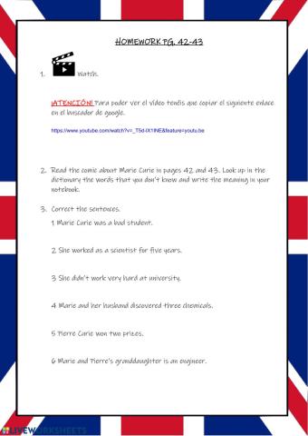 Homework C.B pg 42-43 Marie Curie Video