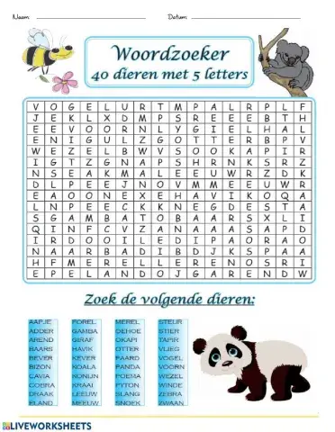 40 dieren met 5 letters