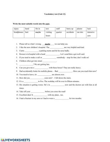Vocabulary test (unit 12) 5th grade