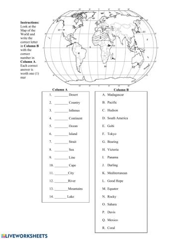 Map of The World Worksheet