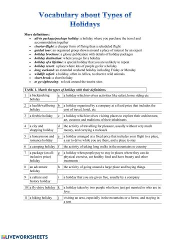 Vocabulary exercises on holiday types