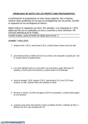 Problemas de dinero 4º primaria