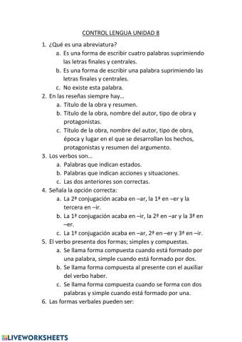 Control de Lengua. Unidad 8