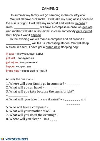 Camping Vocabulary Text