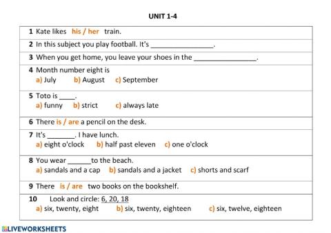 Unit 1-4 revision: months, seasons, school subjects, rooms, numbers 1-20
