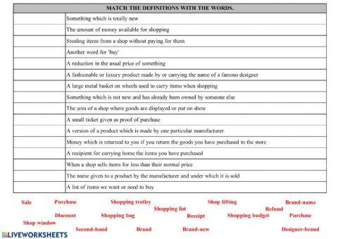 Shopping vocabulary matching activity