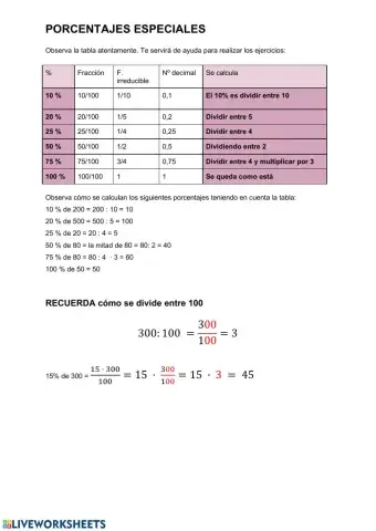 Porcentajes especiales