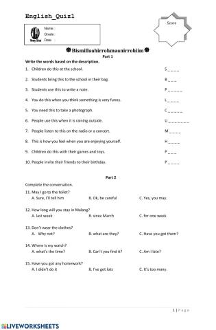English Quiz 1