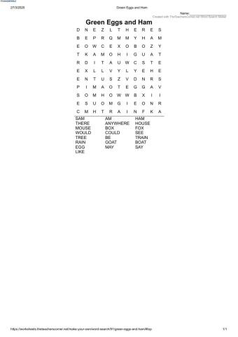 Eggs and Ham by Dr. Seuss - Word Search