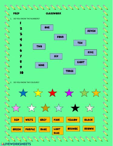 Colours numbers school objects