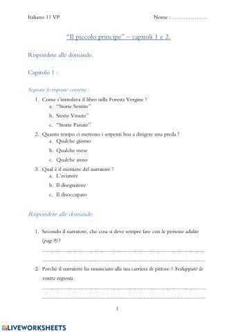 Lettura il piccolo principe. Domande capitoli 1 e 2