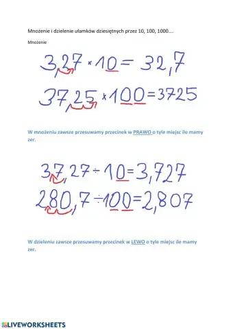 Mnożenie i dzielenie ułamków dziesiętnych przez 10, 100,...