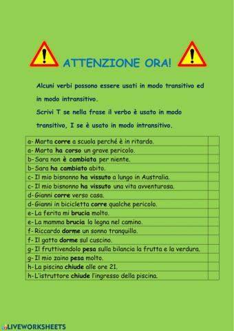 Verbi transitivi e intransitivi