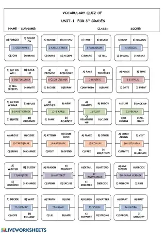 Friendship vocabulary quiz