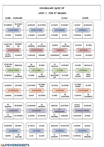 Friendship vocabulary quiz