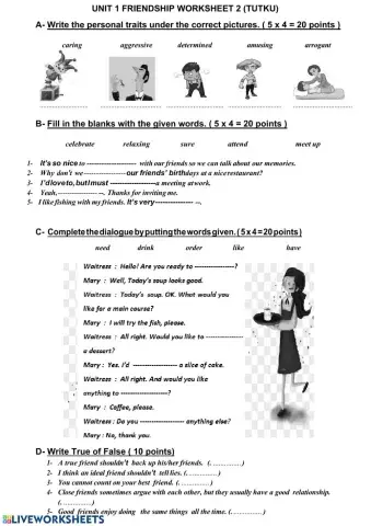 Friendship vocabulary worksheet