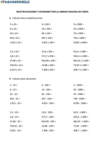Multiplicación y división por la unidad seguida de ceros