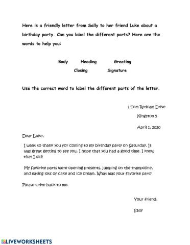 Parts of a Friendly Letter
