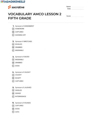 Quiz vocabulary lesson 2 5th