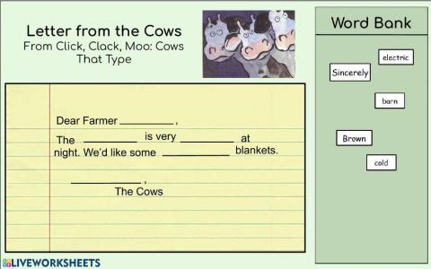 Fill in the Blank: Click, Clack, Moo Letter from Cows