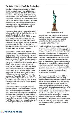 Reading comprehension - The Statue of Liberty