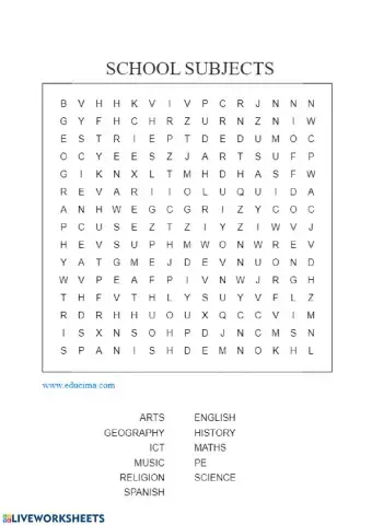 School subjects wordsearch