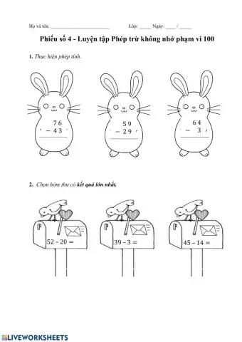 Luyện tập trừ không nhớ phạm vi 100