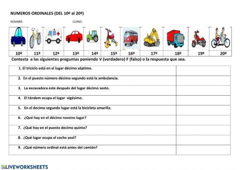 Los números ordinales 10º al 20º