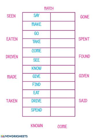Match the infinitive verbs with their past participle form