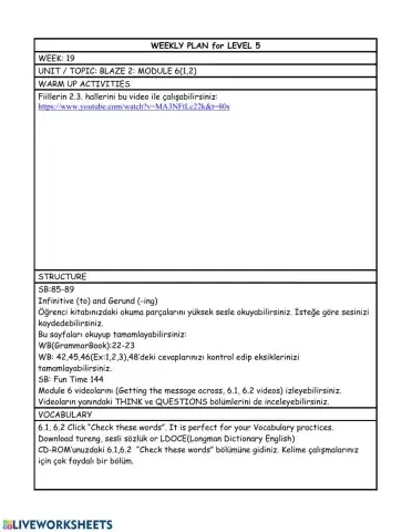 level 5 weekly plan 19