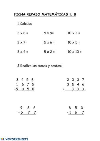 Ficha repaso mate T. 8