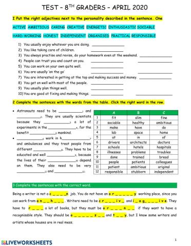 Test for the 8th grade April 2020