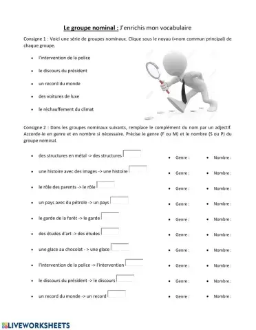 Le groupe nominal - j'enrichis mon vocabulaire