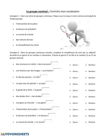 Le groupe nominal - j'enrichis mon vocabulaire