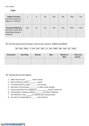 Subject Pronouns + Possessive Adjectives