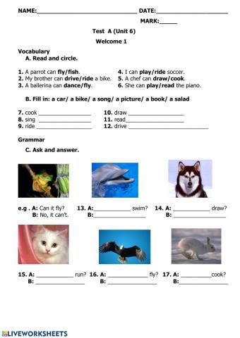 Welcome 1 unit 6 test