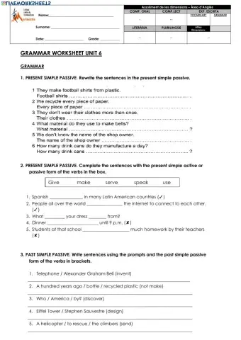 Worksheet Grammar unit 6 (passive voice)