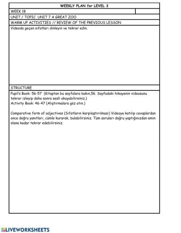 Level 3 Week 18 weekly plan