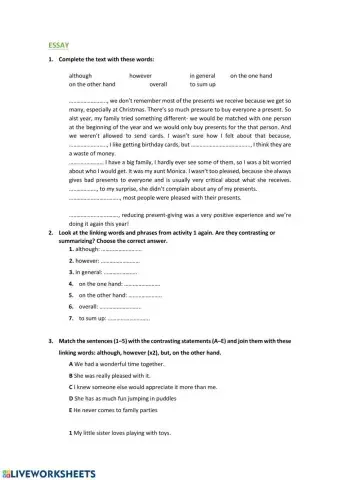 Writing an essay: Contrasting and summarizing linking words.