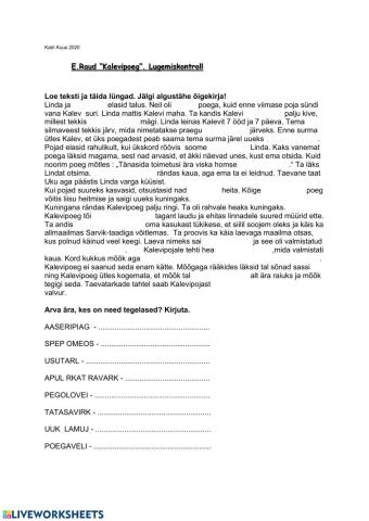 E.Raud -Kalevipoeg-. Lugemiskontroll.