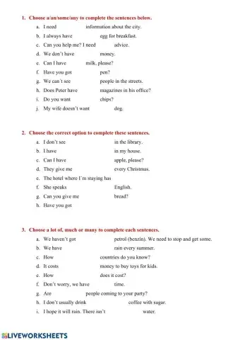 A, an, some, any, much, many, a lot of