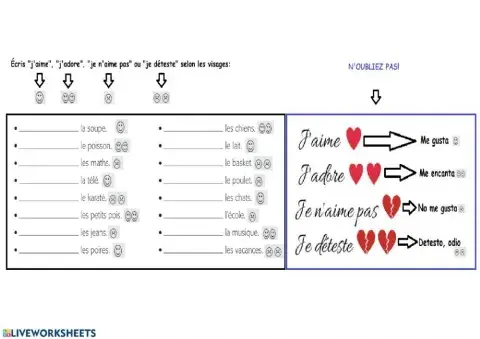 Les verbes aimer, adorer et détester