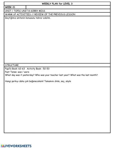 Level 3 Week 21 weekly plan