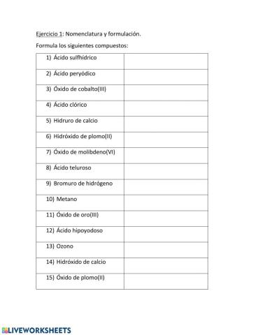 Nomenclatura química - ejercicios